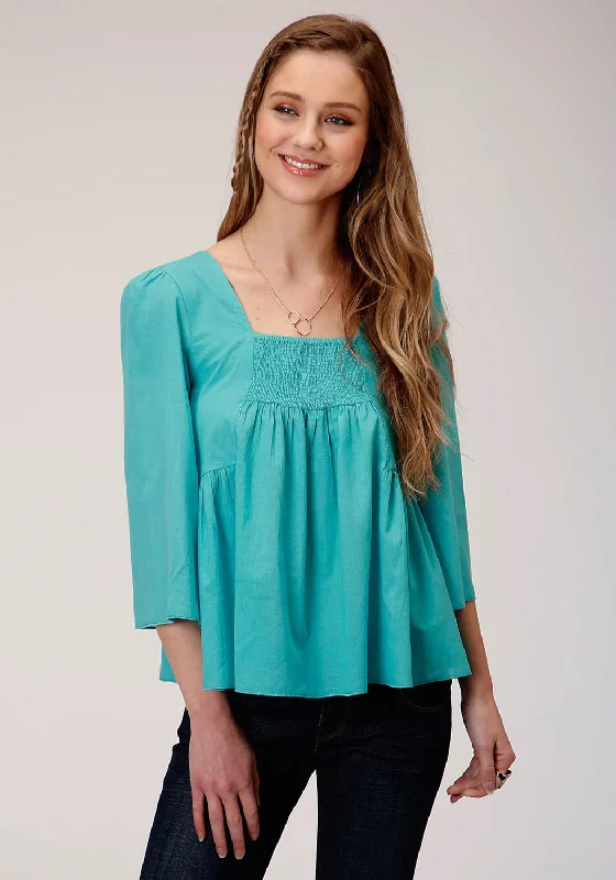 Roper Womens Turquoise 100% Cotton Bell Sleeve S/S Blouse